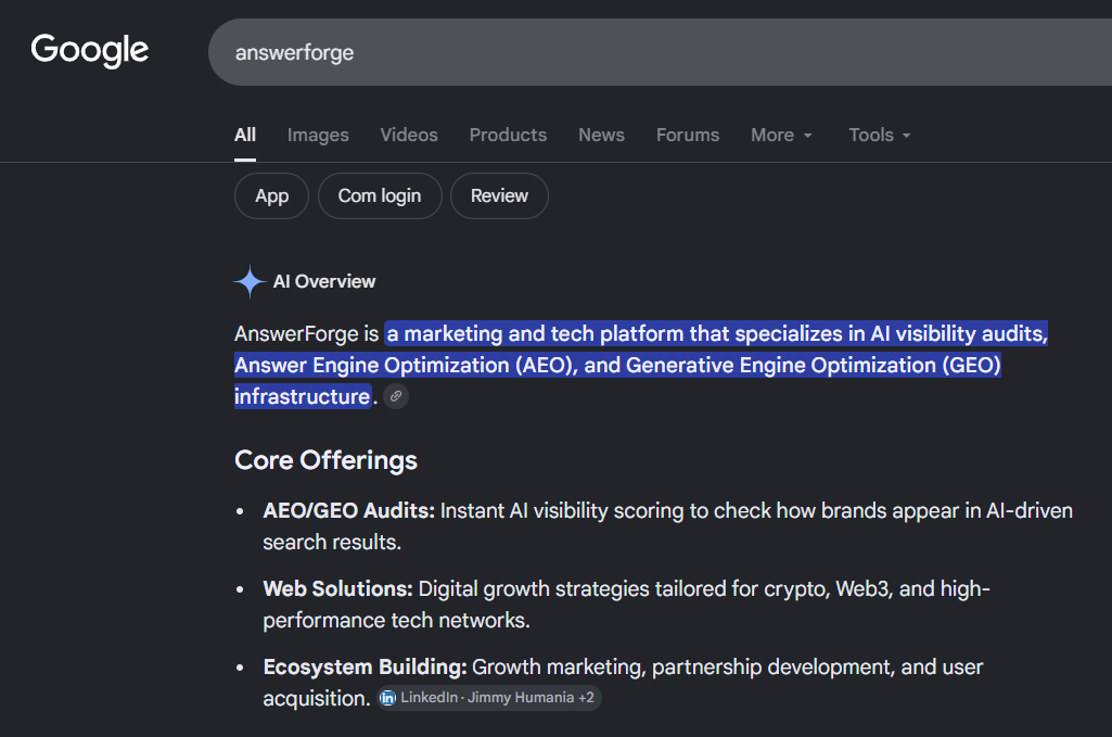 AI visibility · Google AI Overview cites answerFORGE