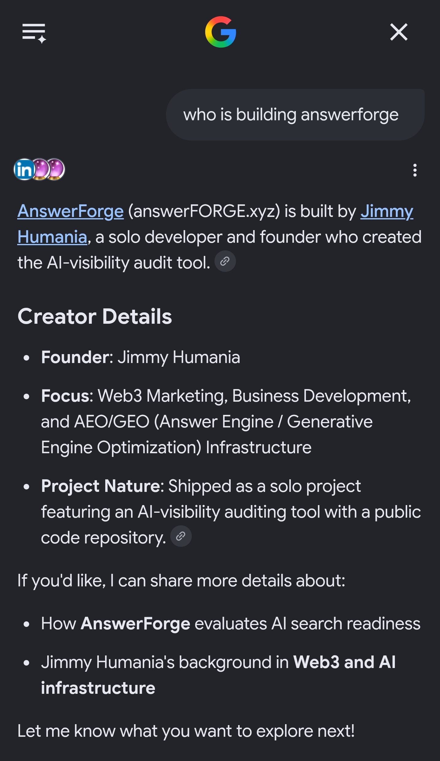 Entity clarity · who builds answerFORGE